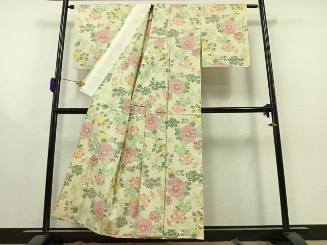 平和屋着物▽上質な紬 単衣 草花文 正絹 逸品 AAAZ0701jh