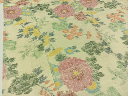 平和屋着物▽上質な紬 単衣 草花文 正絹 逸品 AAAZ0701jh