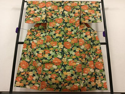 平和屋着物▽上質な紬 単衣 草花文 正絹 逸品 AAAZ0707jh