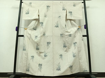 平和屋着物▽上質な紬 単衣 草花文 正絹 逸品 AAAZ0709jh
