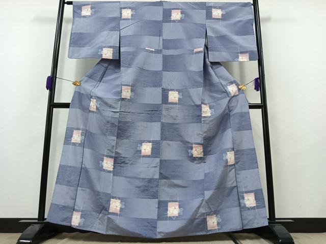 平和屋着物▽上質な紬 単衣 色紙花文 正絹 逸品 AAAZ0710jh