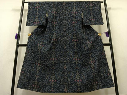 平和屋着物▽本塩沢　単衣　草花文　正絹　逸品　AAAZ0712jh