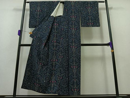 平和屋着物▽本塩沢　単衣　草花文　正絹　逸品　AAAZ0712jh