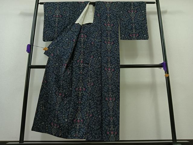 平和屋着物▽本塩沢　単衣　草花文　正絹　逸品　AAAZ0712jh