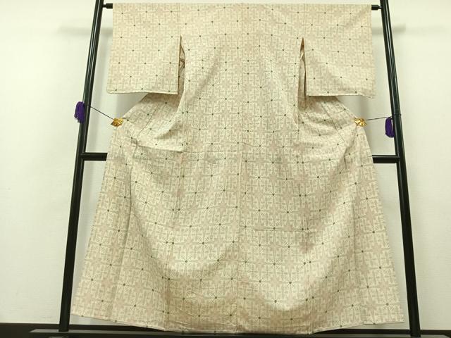 平和屋着物▽本塩沢　単衣　格子花文　正絹　逸品　AAAZ0714jh