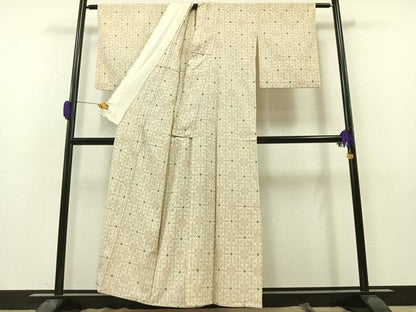 平和屋着物▽本塩沢　単衣　格子花文　正絹　逸品　AAAZ0714jh