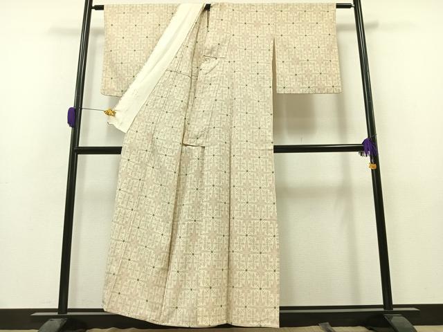 平和屋着物▽本塩沢　単衣　格子花文　正絹　逸品　AAAZ0714jh