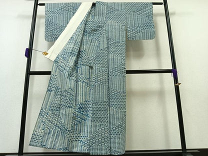 平和屋着物▽上質な小紋 単衣 型染め 藍 幾何学文様 鬼しぼ縮緬 正絹 逸品 AAAZ0718jh