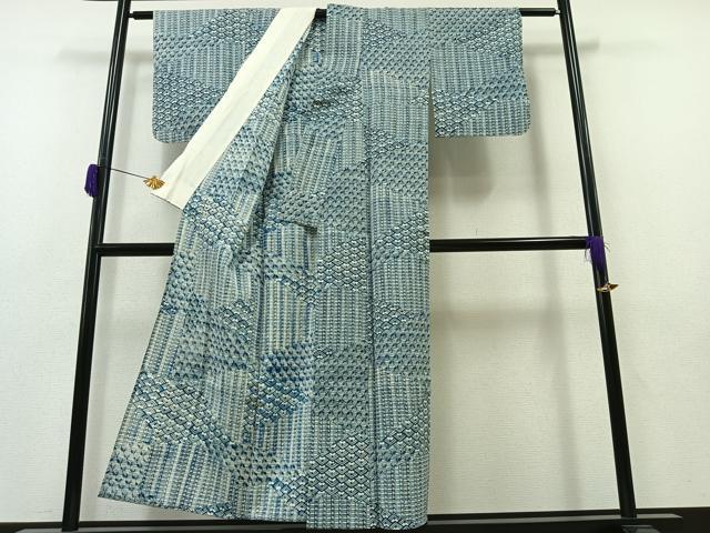 平和屋着物▽上質な小紋 単衣 型染め 藍 幾何学文様 鬼しぼ縮緬 正絹 逸品 AAAZ0718jh