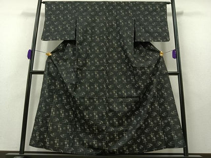 平和屋着物▽上質な紬 単衣 琉球絣文様 黒地 正絹 逸品 AAAZ0720jh