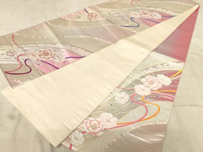平和屋着物◎六通柄袋帯　唐織　流水花文　ファンタジー　金銀糸　正絹　逸品　AAAZ0752dt