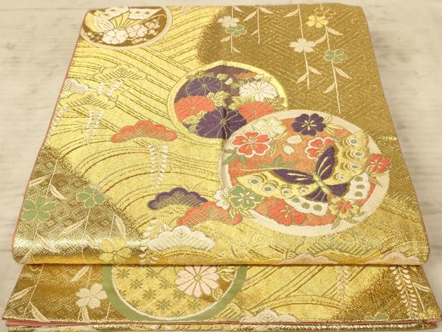 平和屋着物◎佐賀錦 六通柄袋帯 唐織 花蝶文 金糸 正絹 逸品 AAAZ0798dt