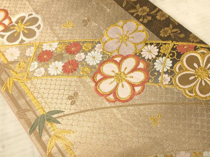 平和屋着物◎六通柄袋帯　唐織　笹竹花文　金糸　正絹　逸品　AAAZ0806dt
