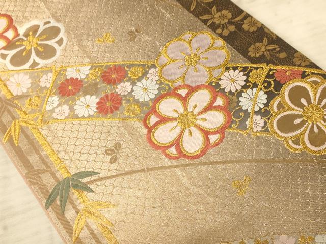 平和屋着物◎六通柄袋帯　唐織　笹竹花文　金糸　正絹　逸品　AAAZ0806dt