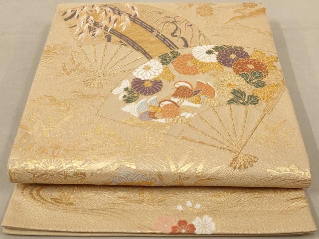 平和屋着物◎綴れ 太鼓柄袋帯 扇面花鳥文 金糸 正絹 逸品 AAAZ0832dt