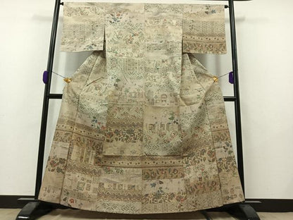 平和屋着物▽訪問着 単衣 小千谷紬地 吉祥花文 正絹 逸品 AAAZ0962jh