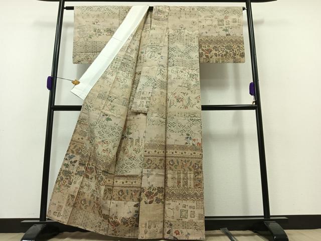 平和屋着物▽訪問着 単衣 小千谷紬地 吉祥花文 正絹 逸品 AAAZ0962jh
