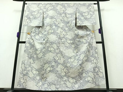 平和屋着物▽上質な紬 単衣 花唐草文 正絹 逸品 AAAZ0963jh