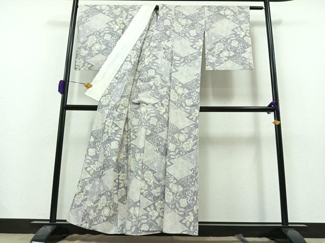 平和屋着物▽上質な紬 単衣 花唐草文 正絹 逸品 AAAZ0963jh