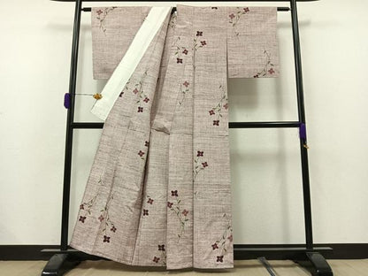 平和屋着物▽上質な紬 単衣 草花文 正絹 逸品 AAAZ0966jh