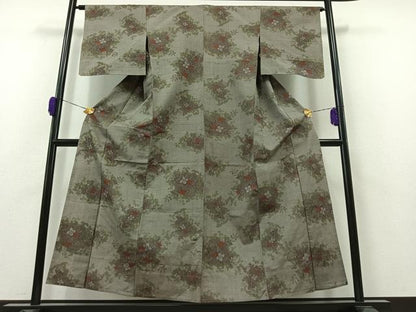 平和屋着物▽上質な紬　単衣　草花文　正絹　逸品　未使用　AAAZ0967jh