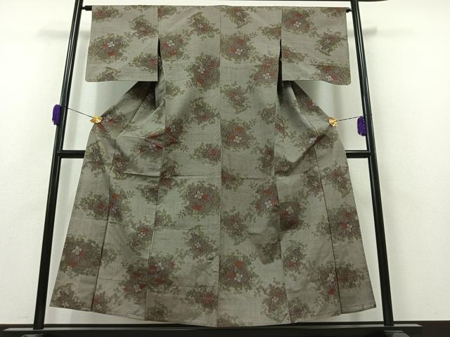 平和屋着物▽上質な紬　単衣　草花文　正絹　逸品　未使用　AAAZ0967jh