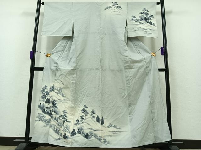 平和屋着物▽訪問着 単衣 紬地 風景文 暈し染め 正絹 逸品 AAAZ0972jh