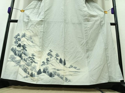 平和屋着物▽訪問着 単衣 紬地 風景文 暈し染め 正絹 逸品 AAAZ0972jh