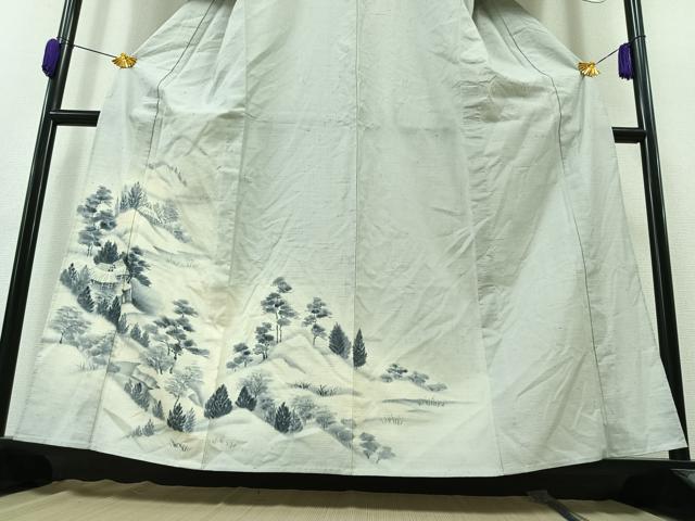 平和屋着物▽訪問着 単衣 紬地 風景文 暈し染め 正絹 逸品 AAAZ0972jh