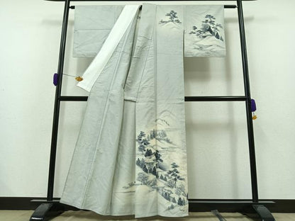 平和屋着物▽訪問着 単衣 紬地 風景文 暈し染め 正絹 逸品 AAAZ0972jh