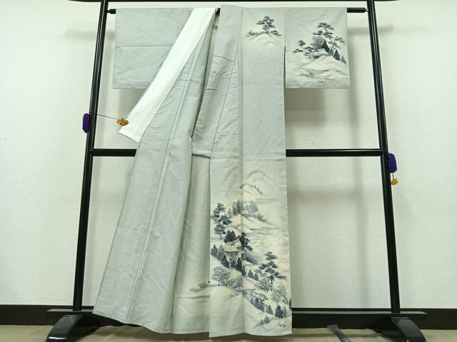 平和屋着物▽訪問着 単衣 紬地 風景文 暈し染め 正絹 逸品 AAAZ0972jh