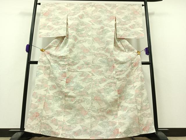 平和屋着物▽本塩沢　単衣　地紙花文　正絹　逸品　AAAZ0973jh