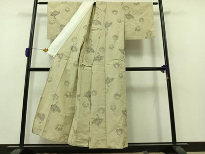 平和屋着物▽上質な紬　単衣　孔雀花丸文　正絹　逸品　AAAZ0977jh