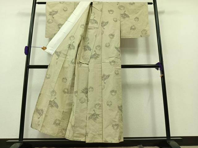 平和屋着物▽上質な紬　単衣　孔雀花丸文　正絹　逸品　AAAZ0977jh