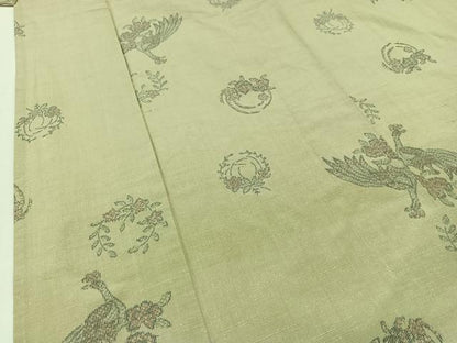 平和屋着物▽上質な紬　単衣　孔雀花丸文　正絹　逸品　AAAZ0977jh