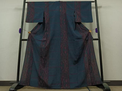 平和屋着物▽本塩沢　単衣　幾何学文様　正絹　逸品　AAAZ0978jh