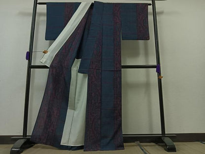 平和屋着物▽本塩沢　単衣　幾何学文様　正絹　逸品　AAAZ0978jh