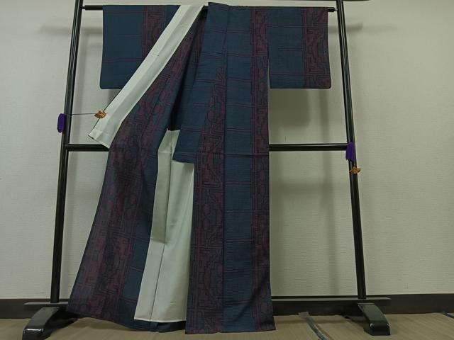 平和屋着物▽本塩沢　単衣　幾何学文様　正絹　逸品　AAAZ0978jh