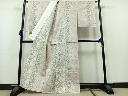 平和屋着物▽上質な紬 単衣 草花文 正絹 逸品 AAAZ0979jh