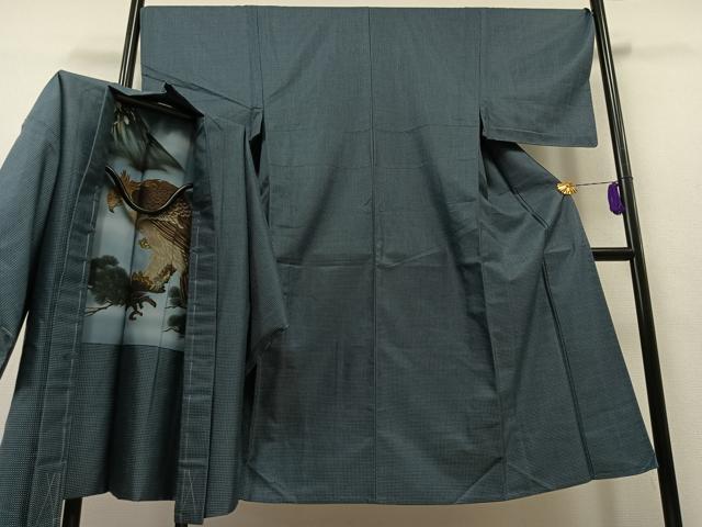 平和屋着物▽男性 紬 単衣 アンサンブル 幾何学文様 正絹 逸品 未使用 AAAZ0985jh