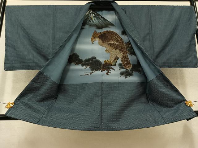 平和屋着物▽男性 紬 単衣 アンサンブル 幾何学文様 正絹 逸品 未使用 AAAZ0985jh