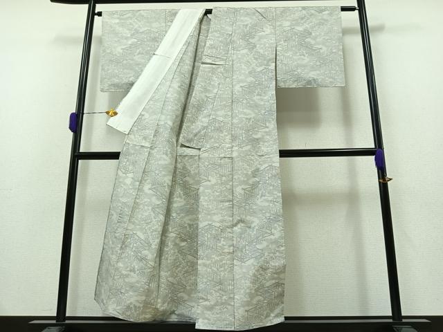 平和屋着物▽本場大島紬　白大島　単衣　風景文　正絹　逸品　AAAZ0989jh