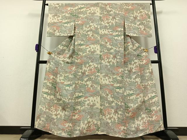 平和屋着物▽上質な小紋 単衣 人物風景文 鬼しぼ縮緬 正絹 逸品 AAAZ0994jh