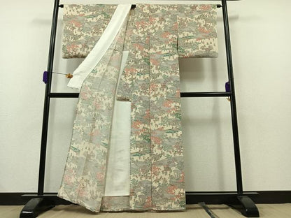 平和屋着物▽上質な小紋 単衣 人物風景文 鬼しぼ縮緬 正絹 逸品 AAAZ0994jh