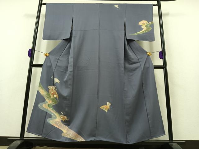 平和屋着物▽訪問着 単衣 流水扇面花文 金彩 正絹 逸品 AAAZ0999jh