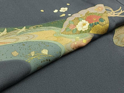 平和屋着物▽訪問着 単衣 流水扇面花文 金彩 正絹 逸品 AAAZ0999jh