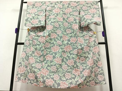 平和屋着物▽上質な紬 単衣 草花文 正絹 逸品 AAAZ1000jh