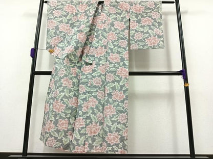 平和屋着物▽上質な紬 単衣 草花文 正絹 逸品 AAAZ1000jh