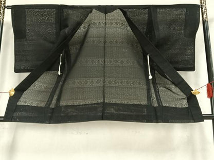 平和屋着物▽羽織 スリーシーズン 春夏秋 塵除け 横段文 黒地 正絹 逸品 AAAZ1099fy