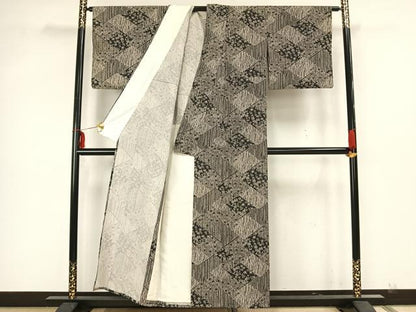 平和屋着物▽上質な小紋　単衣　切嵌草花文　正絹　逸品　AAAZ1389fy